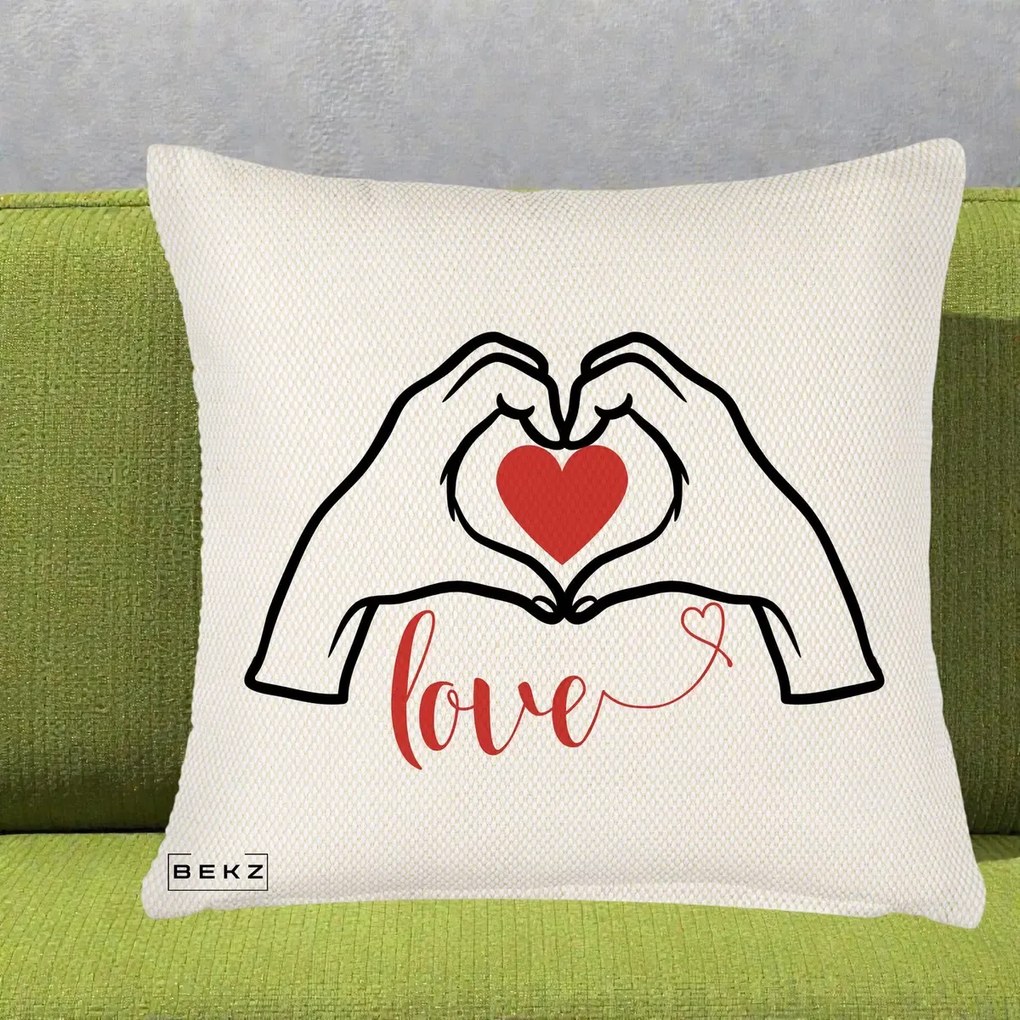 Perna Decorativa Love Maini Inima cu Inscriptie Love Rosu, 40x40 cm, Crem Reliefat, Husa Detasabila, Perna Inclusa, BEKZ®
