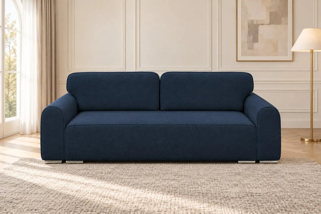 Canapea extensibilă Fiorella din boucle, bleumarin, cu ladă de depozitare