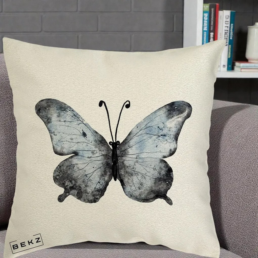 Perna Decorativa Fluture Acuarela Albastru-Gri, 40x40 cm, Ecru, Husa Detasabila, Perna Inclusa, BEKZ®