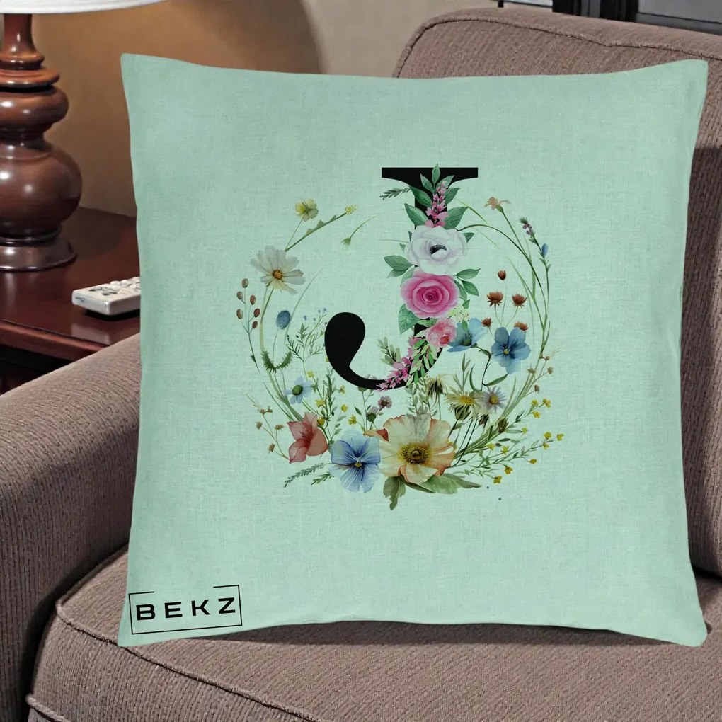 Cadou Personalizat - Perna Personalizata Monogram Litera J cu Flori Acuarela, 40x40 cm, Verde Menta, Husa Detasabila, Perna Inclusa, BEKZ®