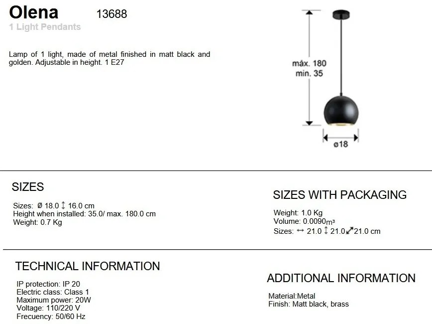 Pendul din metal negru cu auriu Olena 18cm