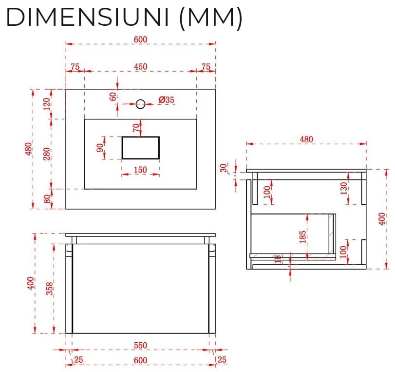 Mobilier baie suspendat alb mat, cu lavoar inclus si iluminare LED, 60x40 cm, Anna