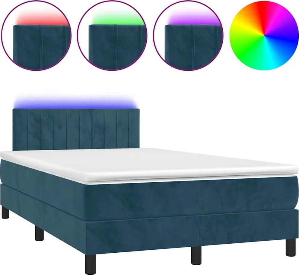vidaXL Pat box spring cu saltea/LED albastru închis 120x190cm catifea