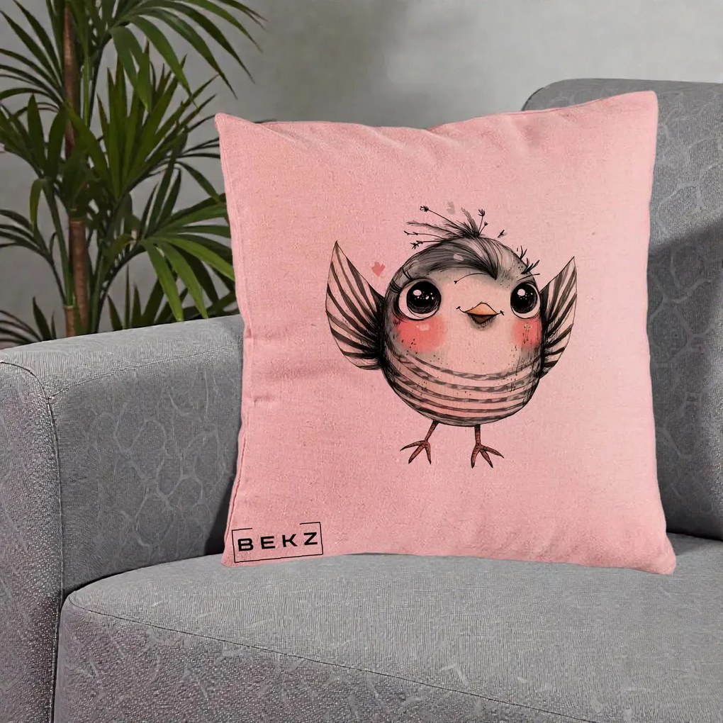 Perna Decorativa Pasare Gri cu Aripi si Inimioare, 40x40 cm, Roz, Husa Detasabila, Perna Inclusa, BEKZ®
