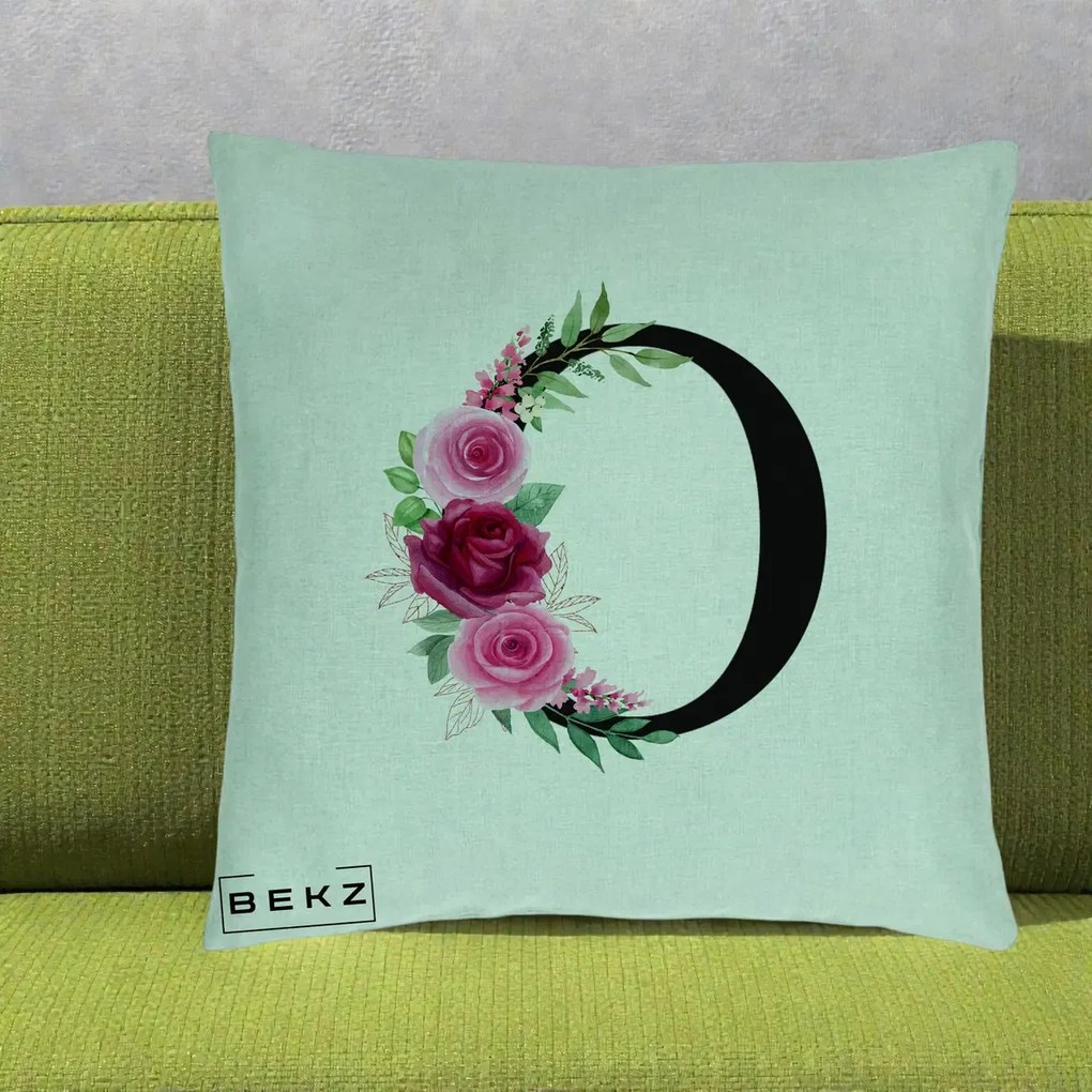 Cadou Personalizat - Perna Personalizata Monograma Florala Litera O, 40x40 cm, Verde Menta, Husa Detasabila, Perna Inclusa, BEKZ®