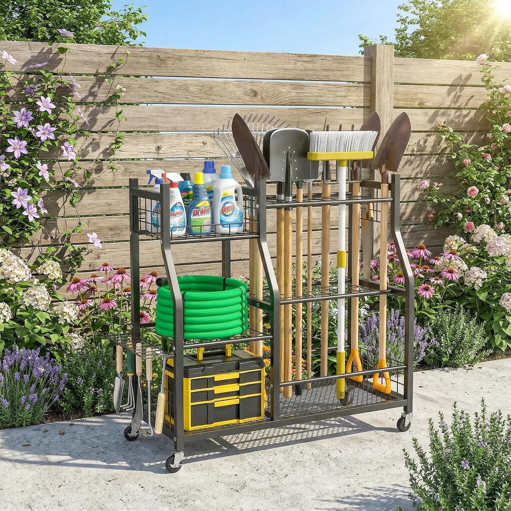 Outsunny Organizator de Ounelte de Grădină în Oțel pe 3 Nivele, 74 Emplacements, 4 Roues, 11 Crochets, 104x40x95cm, Negru | Aosom Romania