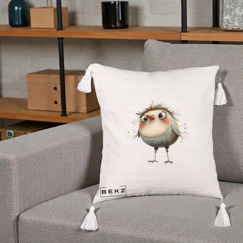 Perna Decorativa Pasare cu Penaj Zbarlit si Gene, 40x40 cm, Bej cu Franjuri, Husa Detasabila, Perna Inclusa, BEKZ®