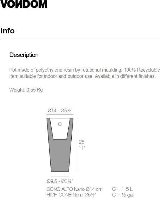 Ghiveci plante design decorativ modern interior / exterior HIGH CONE mini 14x28cm