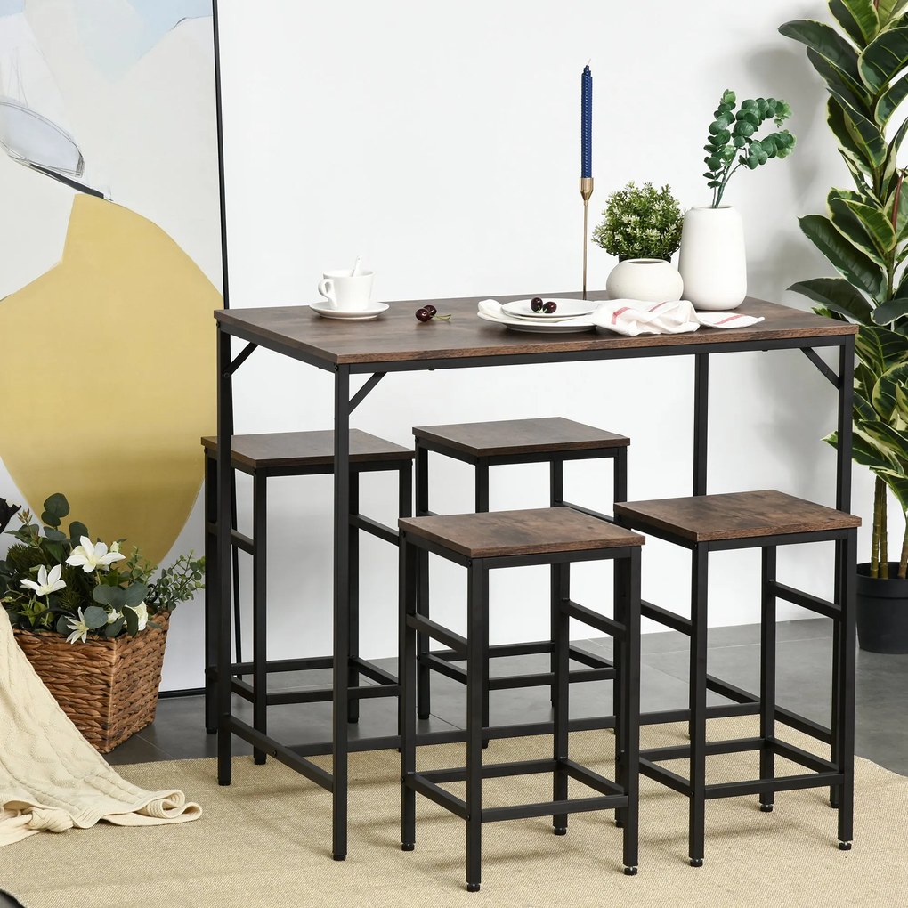 HOMCOM Masă Bar cu 4 Taburete, Stil Industrial, Picioare Antialunecare, Ideal pentru Bucătărie și bar, Maro, 100x60x88 cm | Aosom Romania