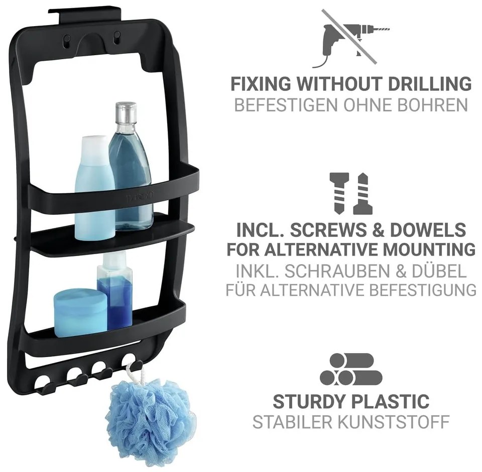 Raft pentru baie negru de agățat, autoadeziv din plastic Universal – Wenko