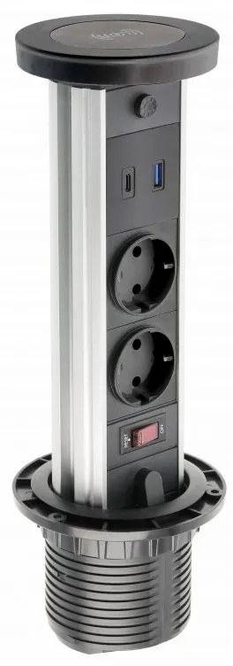 Priza incastrabila model CAMINO, 2 iesiri Schuko, 1xInductie 10W, 1xUSB-A, 1XUSB-C, finisaj negru