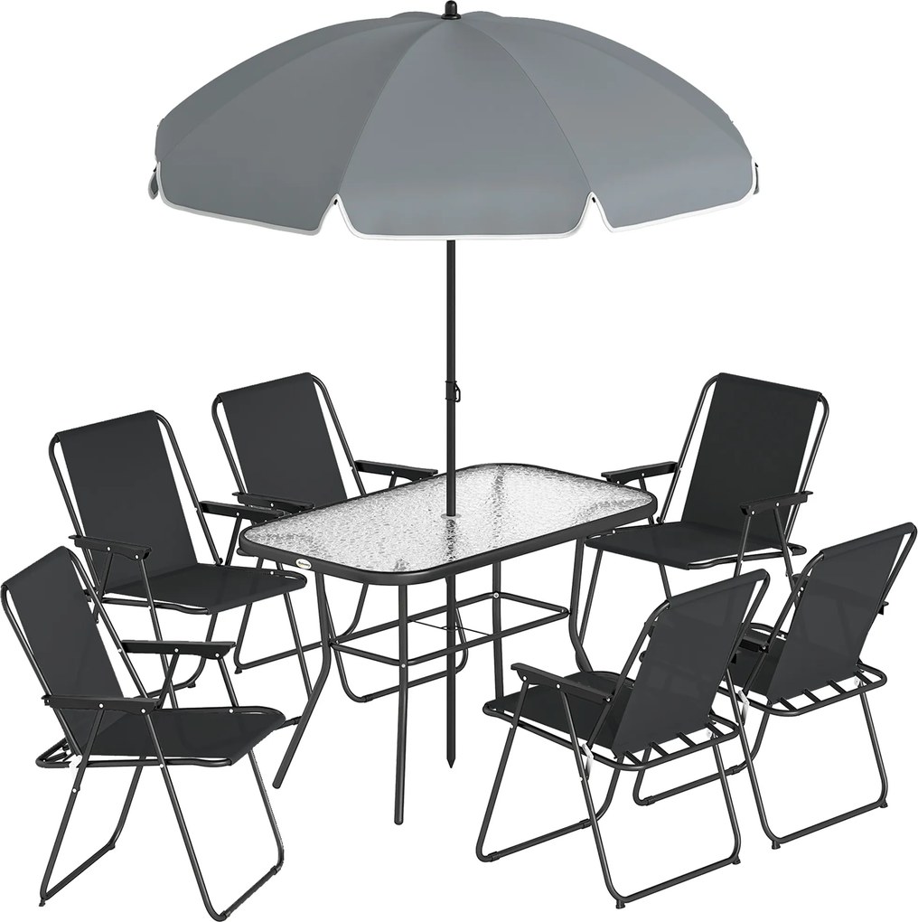 Outsunny Set Dining de Grădină 8 Piese cu Umbrelă, Mobilier de Exterior cu 6 Scaune Pliabile, Masă din Sticlă Temperată și Umbrelă pentru Terasă, Negru | Aosom Romania