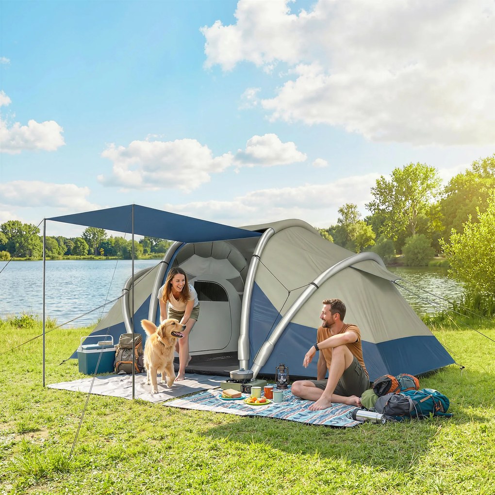 Outsunny Cort gonflabil 4 persoane Montare rapidă Camping exterior cu 2 dormitoare, ferestre din plasă, pridvor | Aosom Romania