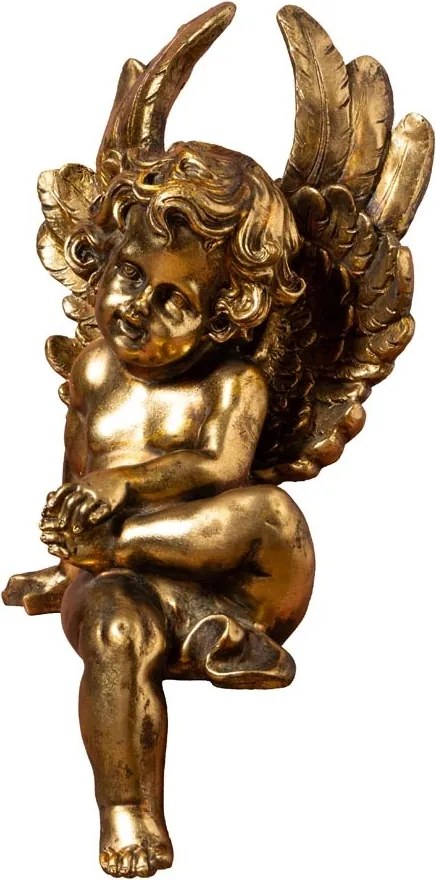 Statuetă decorativă heruvim din rășină, auriu, aripi și bucle fin sculptate, finisaj antichizat, 37 x 17 x 20 cm, „Chérubin”