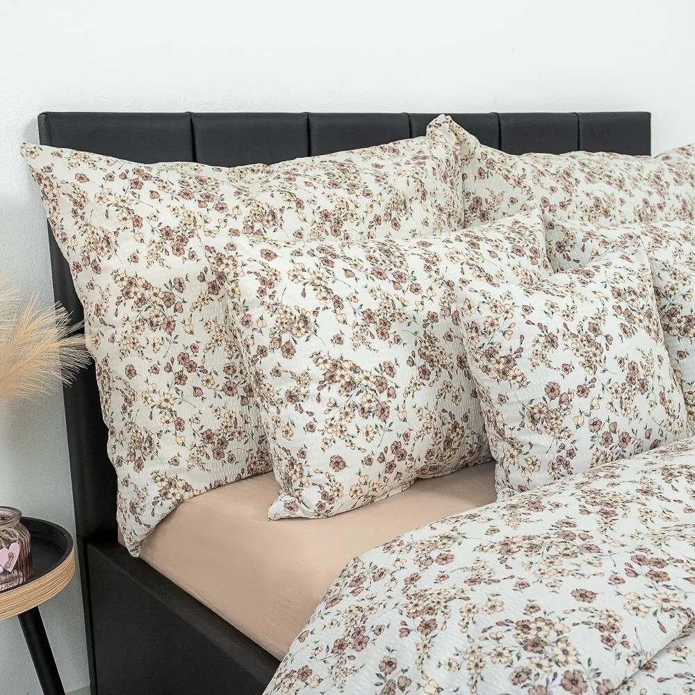 Lenjerie de pat din bumbac crep Kvalitex Flori bej, 140 x 220 cm, 70 x 90 cm