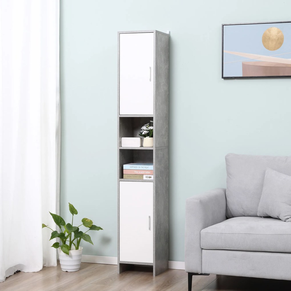 Dulap Baie Kleankin pentru Economisire Spațiu, cu 2 Uși din PAL, Efect Ciment, Gri-Alb, Dimensiuni 30x30x180cm, Ideal pentru Organizare | Aosom Romania