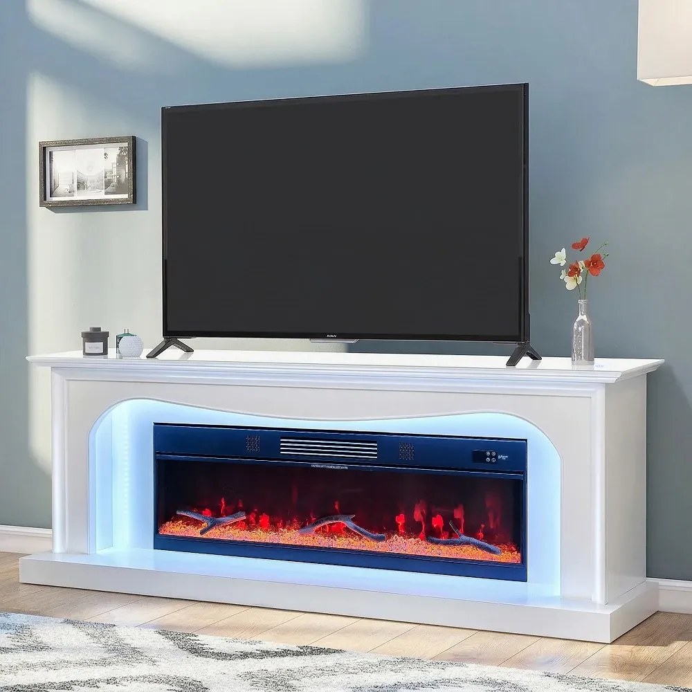 Șemineu Electric cu Flacără LED în 7 Culori, Comodă TV, Încălzire, Bluetooth, Difuzoare Integrate, Iluminare LED Ambientală, Telecomandă, MDF, Finisaj Alb Oglindă