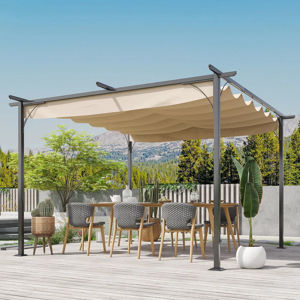 Outsunny Pavilion cu Acoperiș Parasolar Retractabil și Perdele, Cadru Metalic Negru, Bej, 350x350x230cm | Aosom Romania