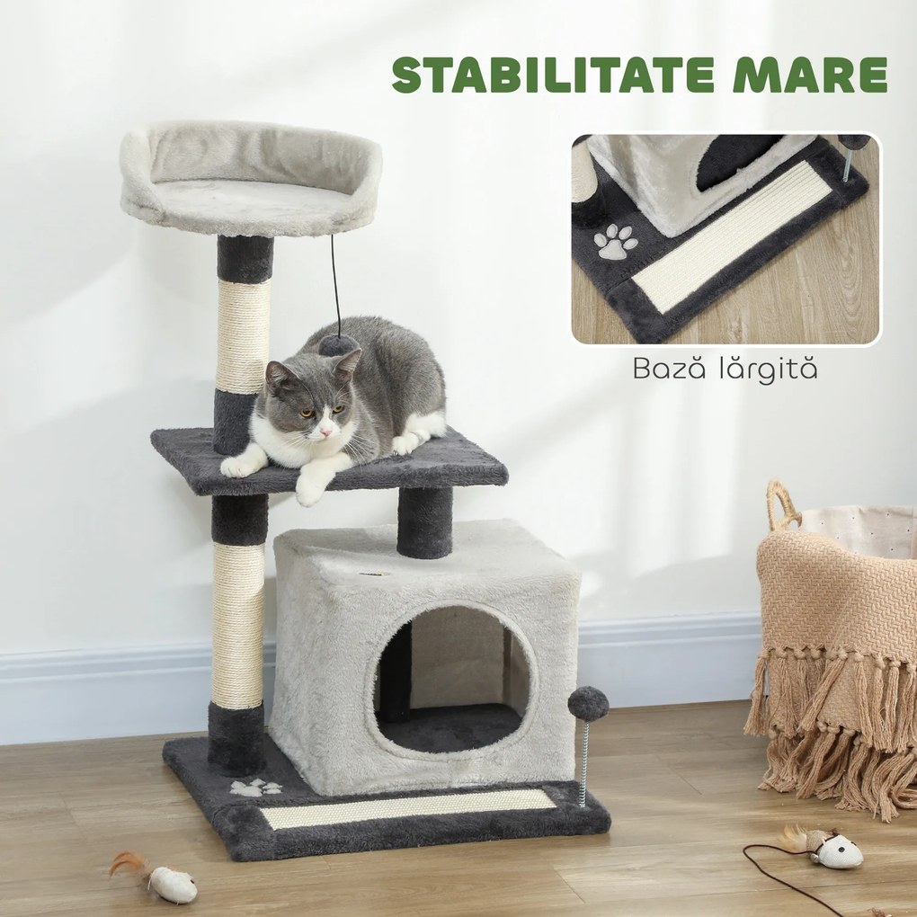 PawHut Ansamblu de joacă pentru pisici cu căsuță, Culcuș, Stâlpi și Covor, 85cm, Gri | Aosom Romania