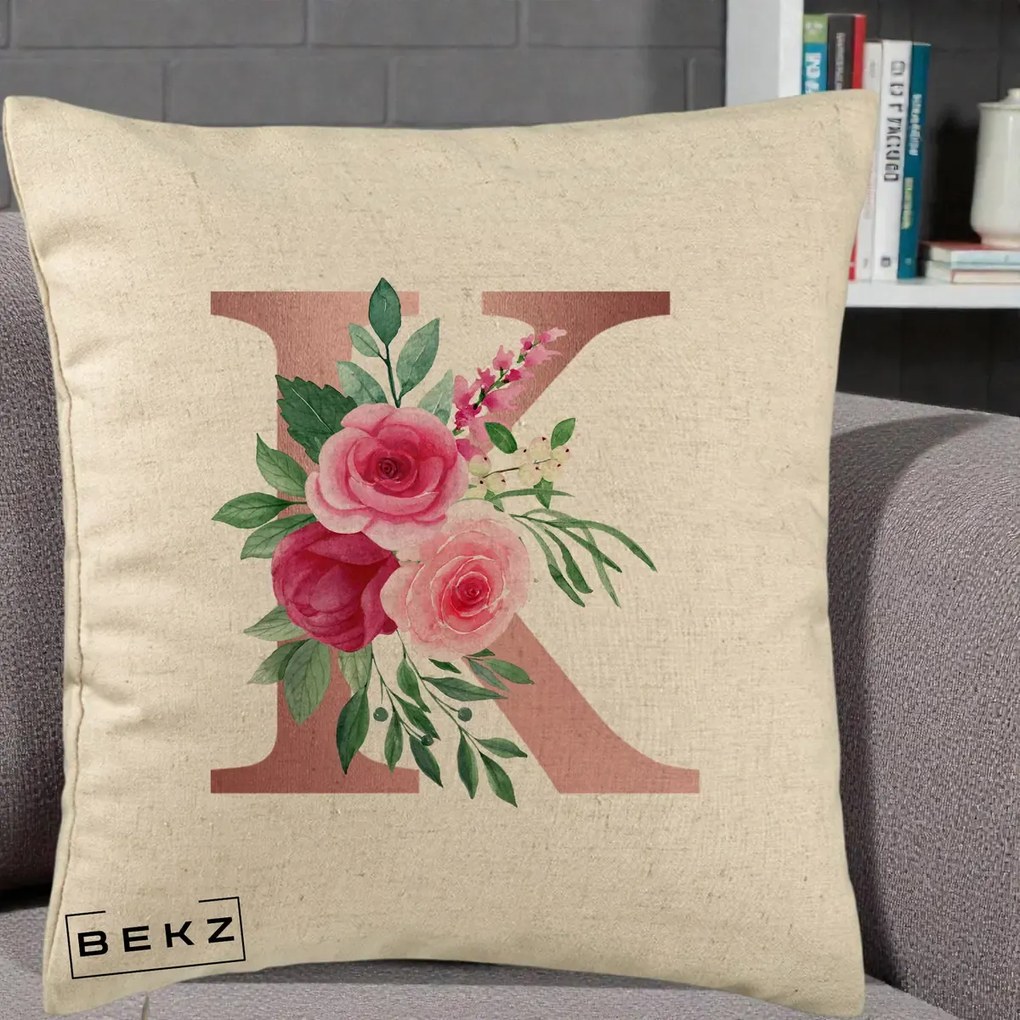 Cadou Personalizat - Perna Personalizata Monograma Rose Gold Litera K, 40x40 cm, Bej, Husa Detasabila, Perna Inclusa, BEKZ®