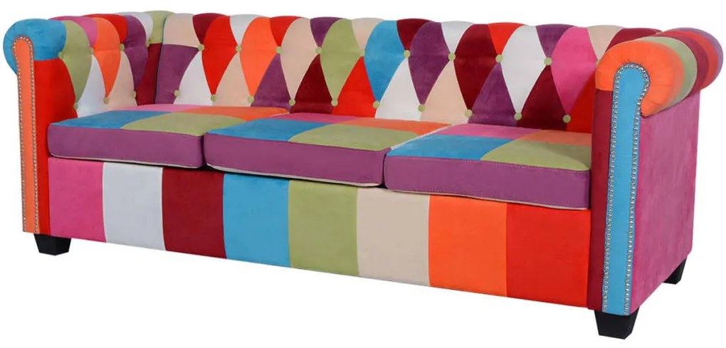 Canapea Chesterfield, cu 3 locuri, material textil Multicolour, Canapea cu 3 locuri