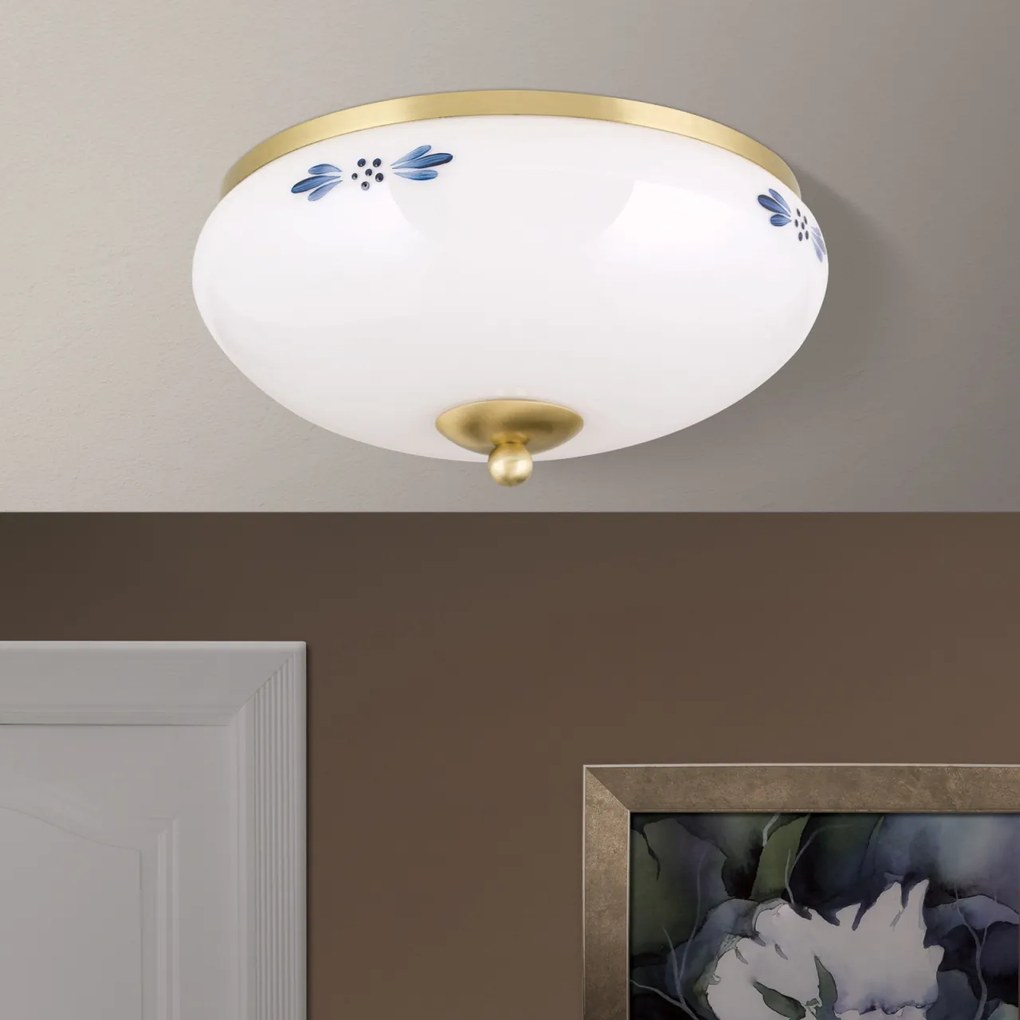 Plafoniera clasica Landhaus 28cm alama satin/ sticla opal decor albastru