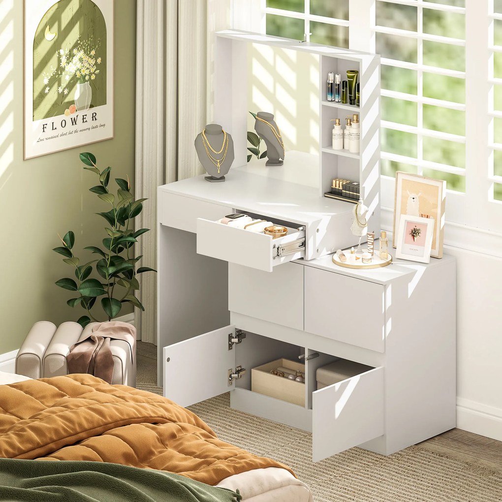 HOMCOM Masă de machiaj, masă pentru machiaj cu oglindă mare, 4 sertare, 3 compartimente deschise, 2 dulapuri, MDF, Alb | Aosom Romania