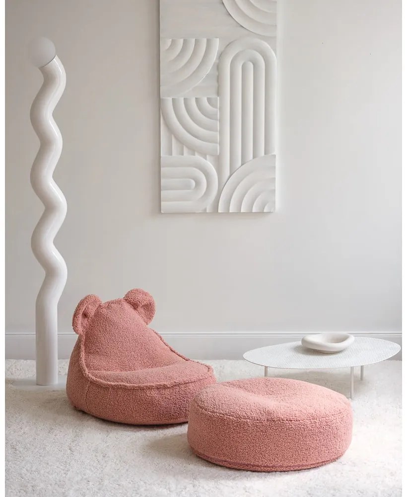 Fotoliu puf pentru copii roz cu tapițerie din țesătură bouclé Round – Wigiwama