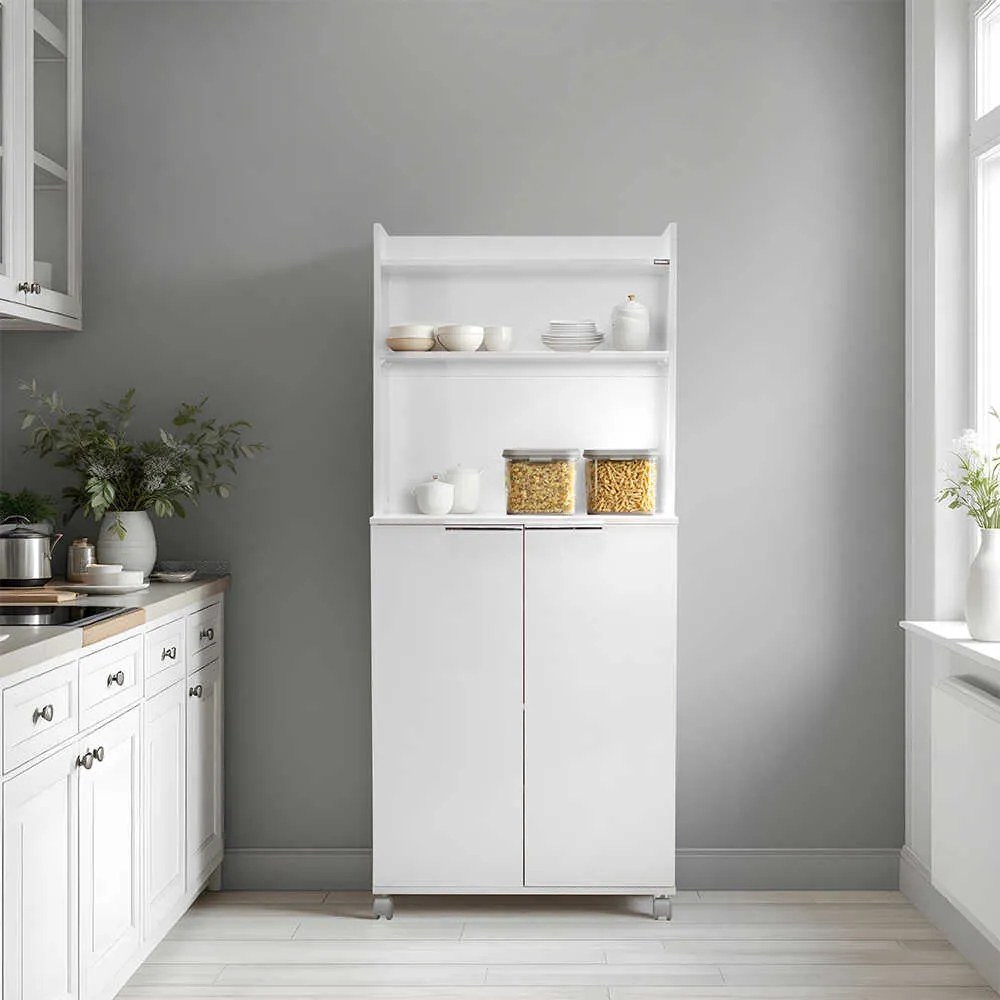 Dulap Multifunctional Adore Diamond, 2 usi, 6 rafturi, cu rotile, Alb Lucios, 73 x 172 x 36 cm