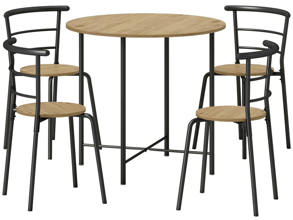 HOMCOM Set Masă Rotundă de Dining cu 4 Scaune Economisitor de Spațiu în Lemn și Metal Stil Industrial | Aosom Romania