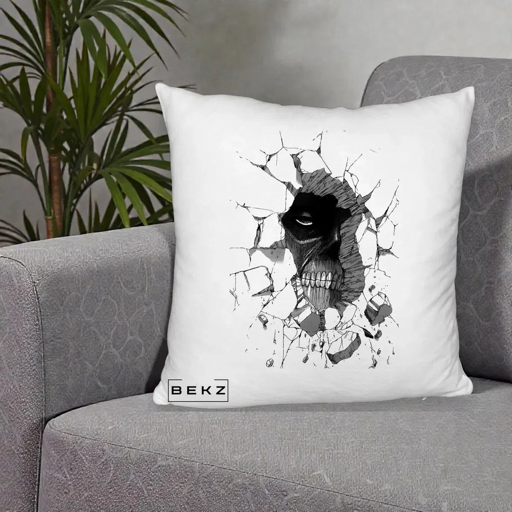 Perna Personalizata Attack on Titan Titan Crapand Zidul, 40x40 cm, Alb Pufos, Husa Detasabila, Perna Inclusa, BEKZ®