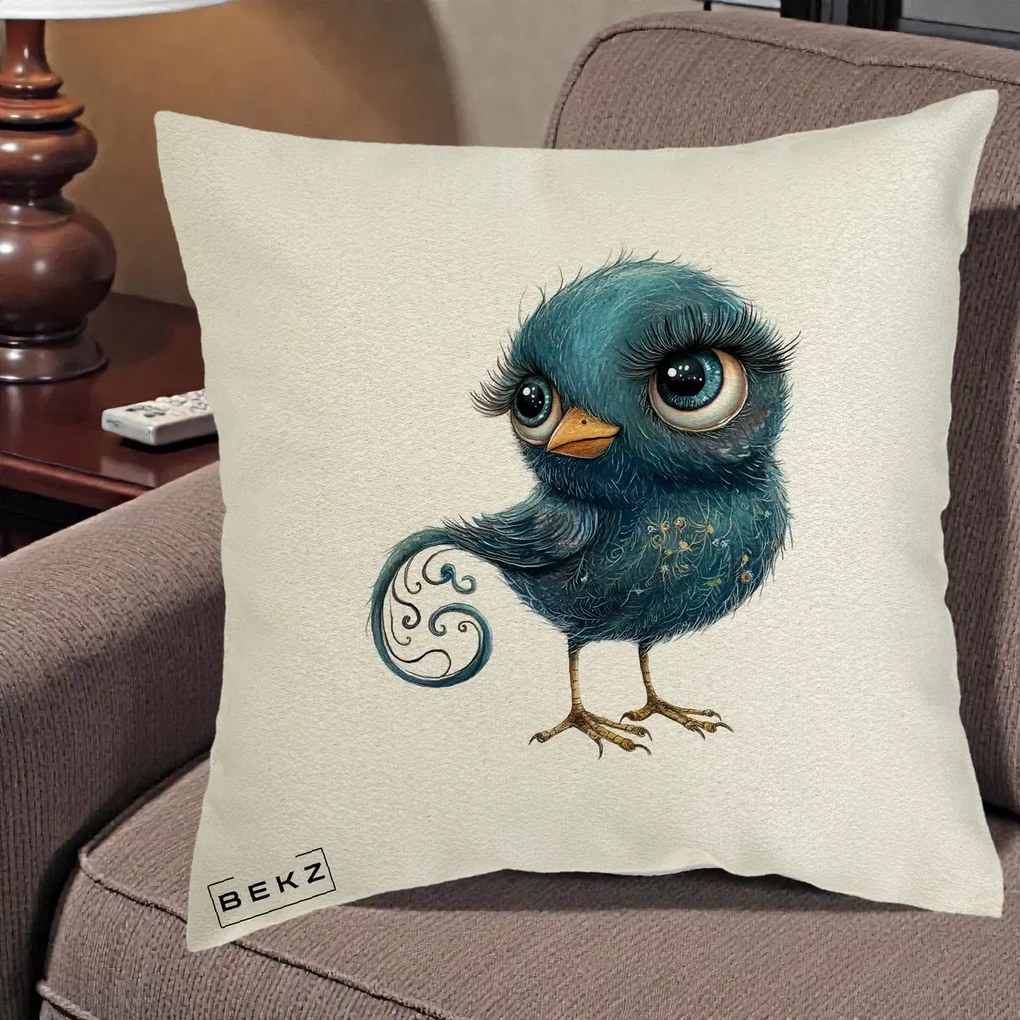 Perna Decorativa Pasare Teal cu Motive Aurii si Coada Spiralata, 40x40 cm, Ecru, Husa Detasabila, Perna Inclusa, BEKZ®