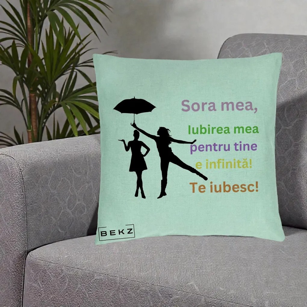 Cadou pentru Sora - Perna Personalizata Sora Mea Te Iubesc Siluete Colorate Umbrela, 40x40 cm, Verde Menta, Husa Detasabila, Perna Inclusa, BEKZ®