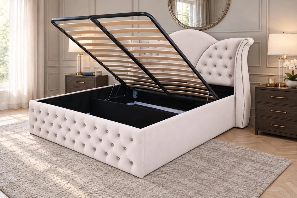 Pat tapițat Chesterfield din catifea Velora Cristal 180×200 cm, crem, cu ladă de depozitare