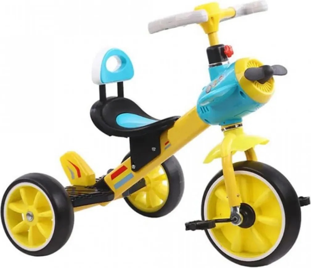 Tricicleta cu pedale NOVOKIDS™ Plane Trike, Cu melodii si lumini, Max 30 kg, Roti din spuma cauciucata, Cadru metalic, Model avion, Galben