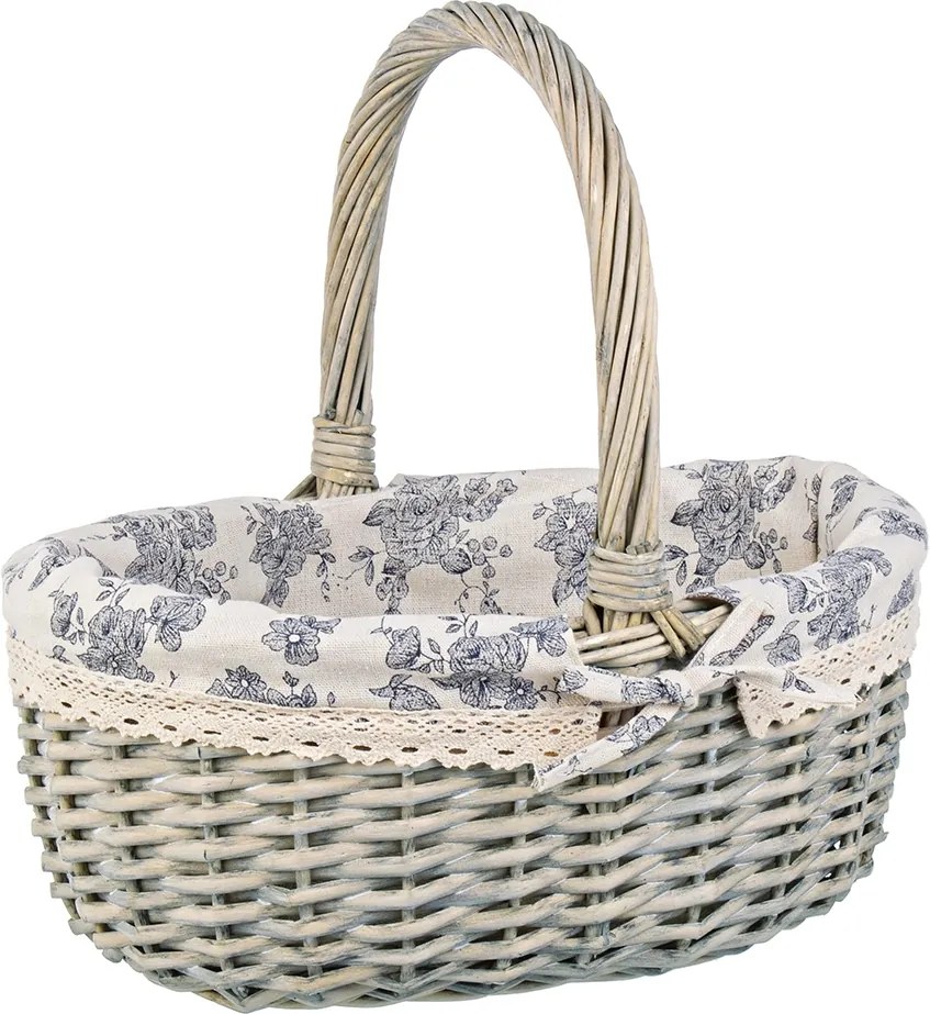 Cos oval cu maner rattan gri cu husa decor floral  Cecilia 33 cm x 27 cm x 32h