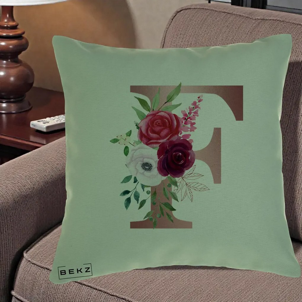Cadou Personalizat - Perna Personalizata Monograma Rose Gold Litera F, 40x40 cm, Verde, Husa Detasabila, Perna Inclusa, BEKZ®