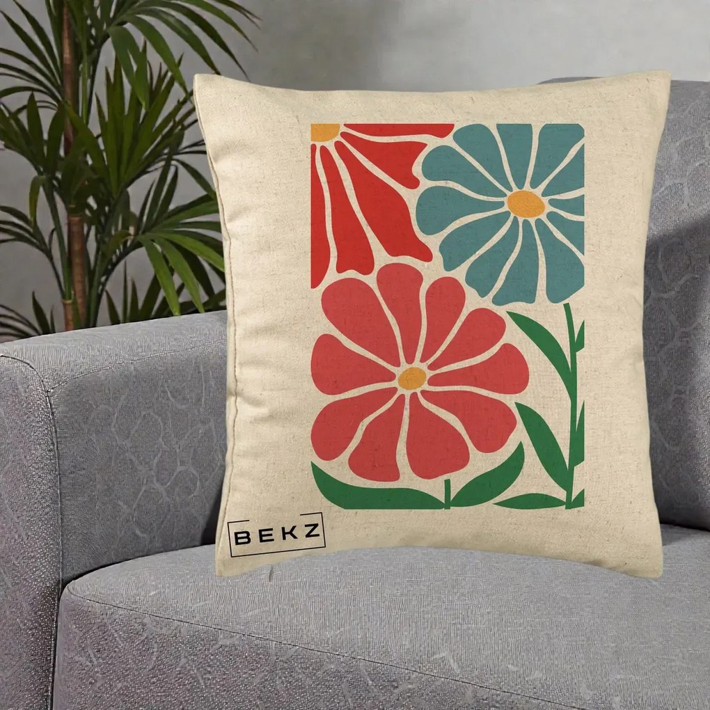 Perna Decorativa Flori Grafice Rosu-Albastru, 40x40 cm, Bej, Husa Detasabila, Perna Inclusa, BEKZ®
