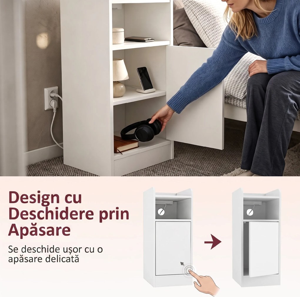 HOMCOM Set 2 Noptiere pentru Dormitor cu Dulap și Raft Deschis, Alb | Aosom Romania