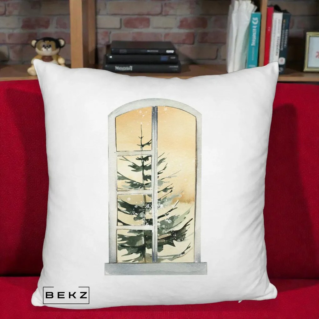 Perna Decorativa Fereastra cu Brad de Iarna, 40x40 cm, Alb Pufos, Husa Detasabila, Perna Inclusa, BEKZ®