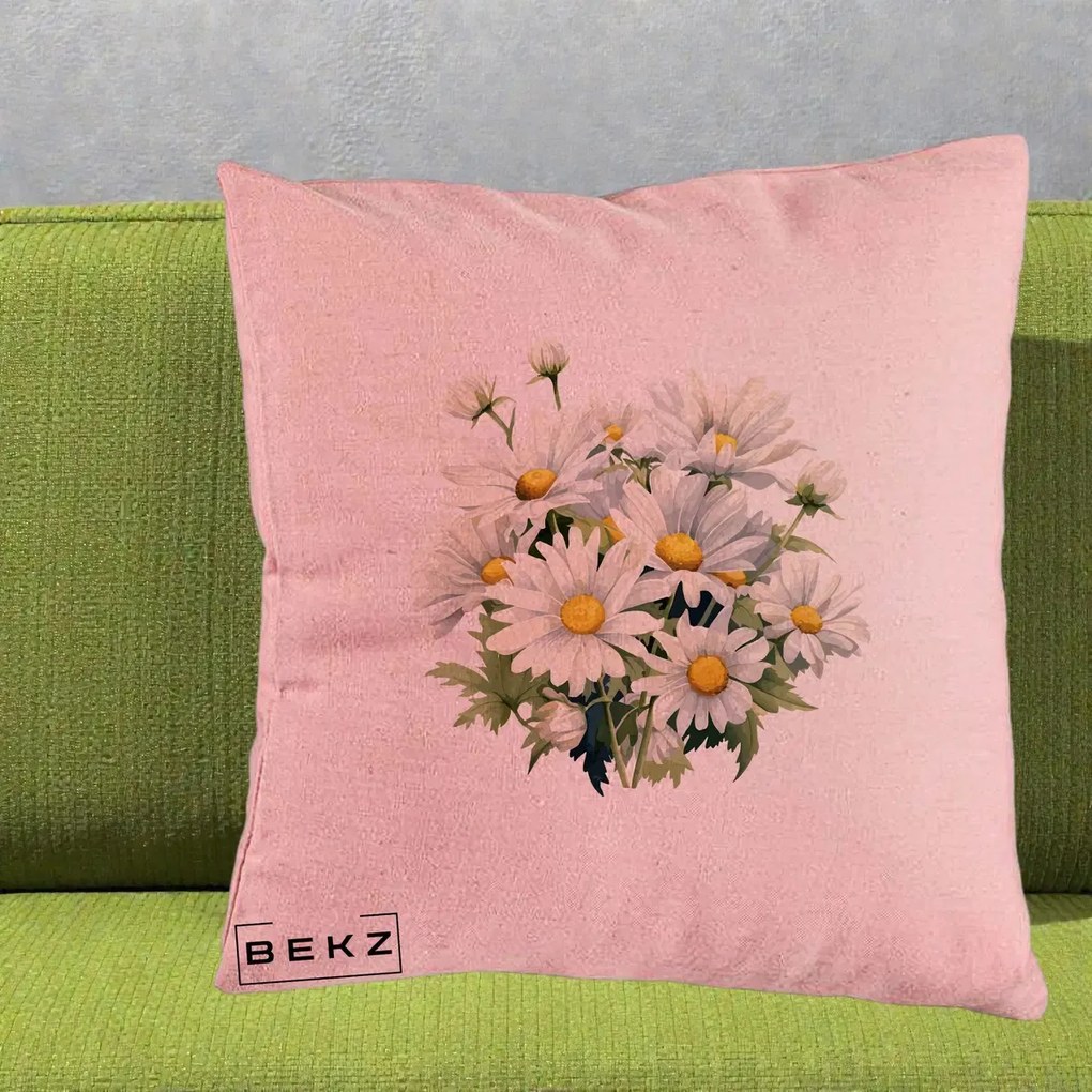 Perna Decorativa Buchet Margarete Albe Acuarela, 40x40 cm, Roz, Husa Detasabila, Perna Inclusa, BEKZ®