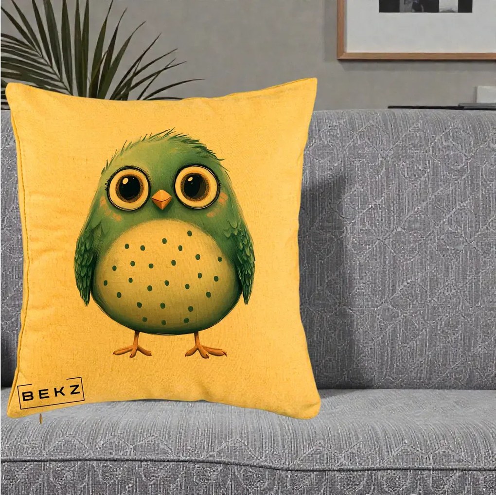 Perna Decorativa Pasare Teal cu Buline Teal, 40x40 cm, Galben, Husa Detasabila, Perna Inclusa, BEKZ®