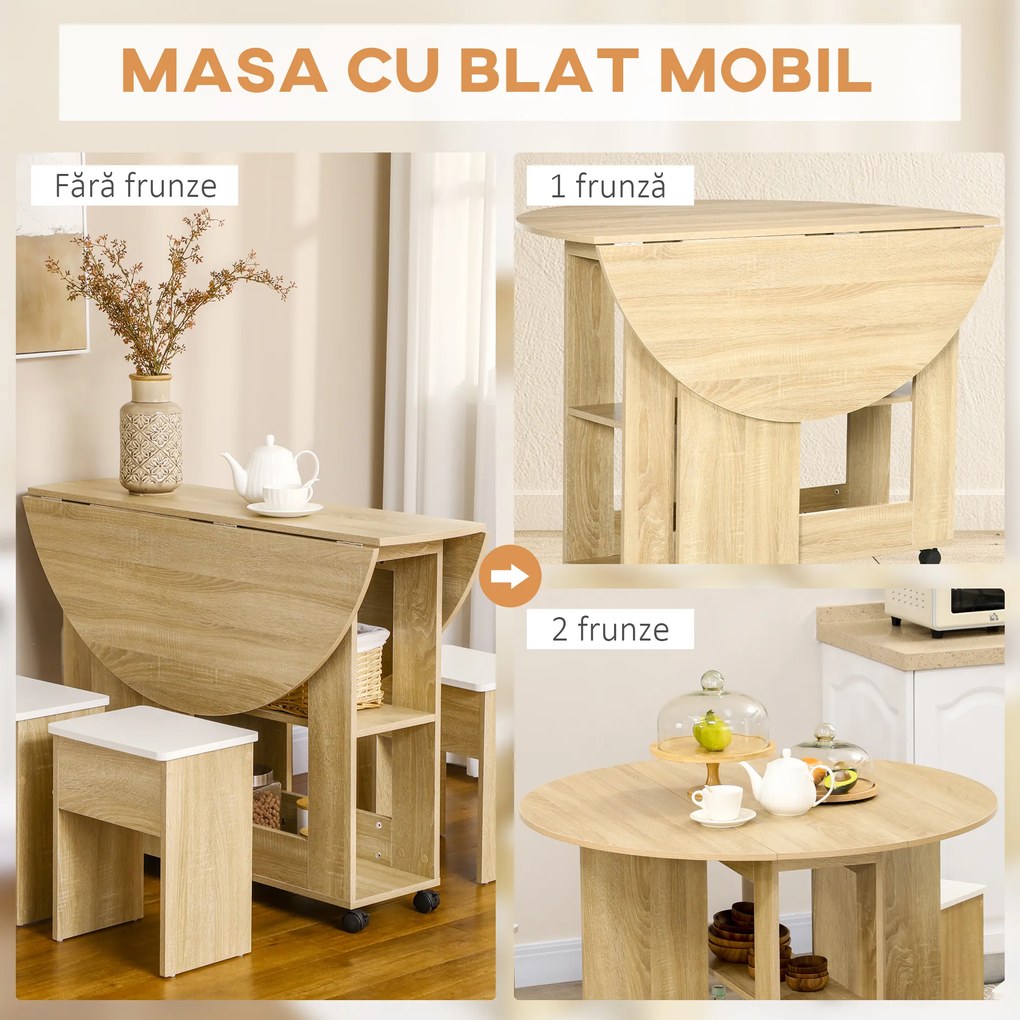 Set dining 4 persoane HOMCOM, masa de bucatarie cu extensie plianta, rotile, 4 scaune, culoare stejar | Aosom RO