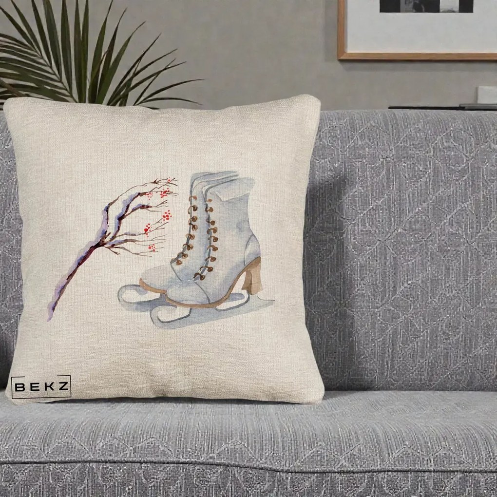 Perna Decorativa Patine cu Ramuri Inzapezite, 40x40 cm, Bej Canapea, Husa Detasabila, Perna Inclusa, BEKZ®