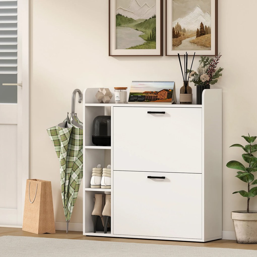 HOMCOM Dulap pentru pantofi slim cu 2 sertare rabatabile și 3 rafturi, Capacitate 15 perechi, 83x24x90.5 cm, Alb | Aosom Romania