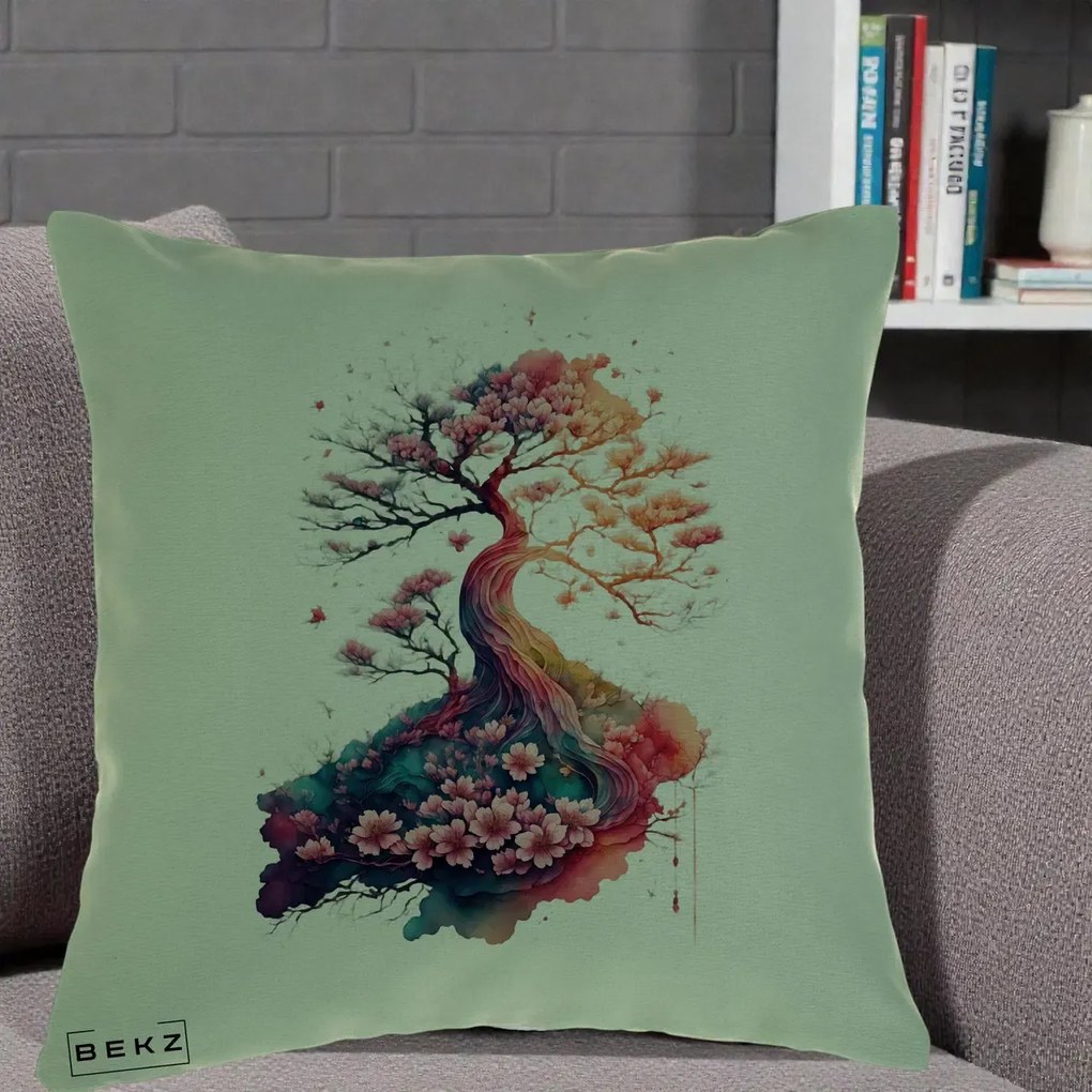Perna Decorativa Copac Sakura Acuarela Fantasy, 40x40 cm, Verde, Husa Detasabila, Perna Inclusa, BEKZ®