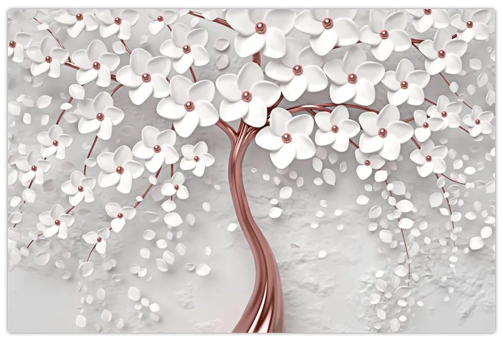 Tablou - Imaginea copacului alb cu flori albe, rosegold (90x60 cm)