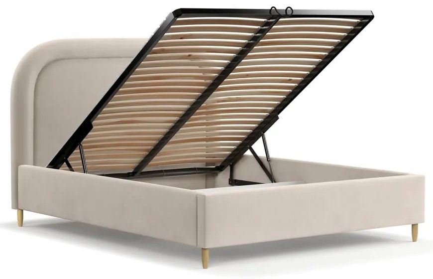 Pat matrimonial bej tapițat cu spațiu de depozitare cu somieră 140x200 cm Mija – Maison de Rêve