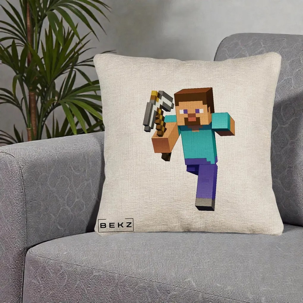 Perna Personalizata Minecraft Steve, 40x40 cm, Bej Canapea, Husa Detasabila, Perna Inclusa, BEKZ®