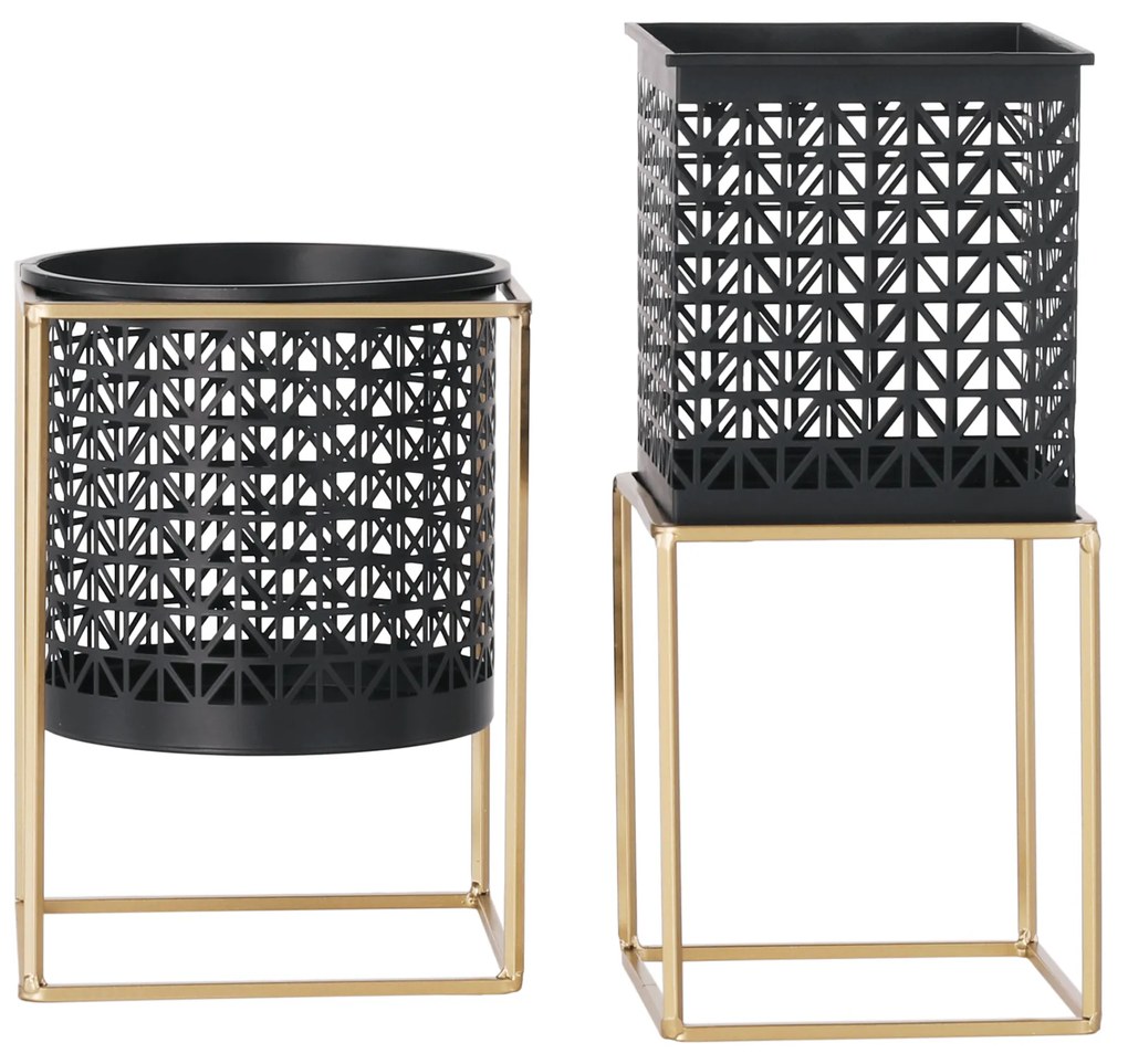 Set 2 suporturi pentru ghivece, pătrat/rotund, negru/auriu, ESME SET